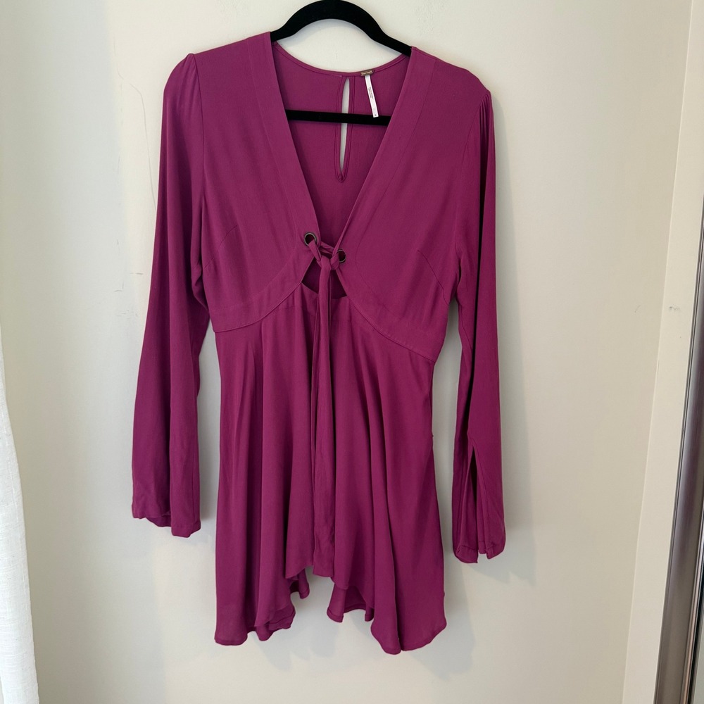 Free‎ People Mini Dress Long Sleeve Tie Front Bell Sleeve Purple Dress - Picture 2 of 10